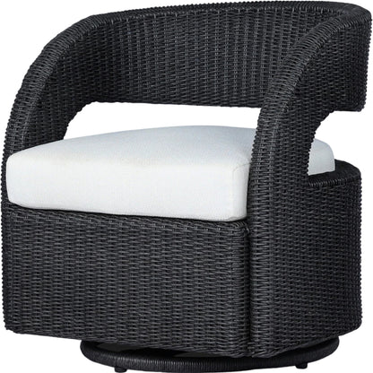 Hawkins Outdoor Swivel Chair by Four Hands. Made from 100% olefin, 100% polyethylene, 91% polyurethane foam pad, 9% polyester fiber batting in a modern style.