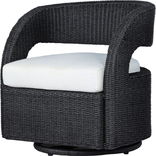 Hawkins Outdoor Swivel Chair by Four Hands. Made from 100% olefin, 100% polyethylene, 91% polyurethane foam pad, 9% polyester fiber batting in a modern style.