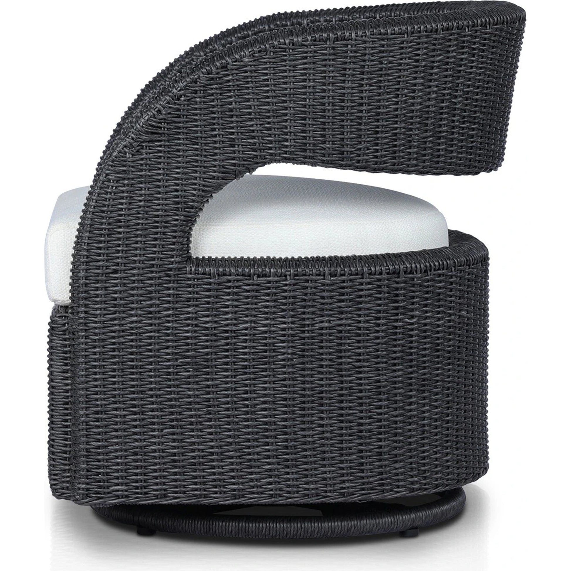 Hawkins Outdoor Swivel Chair by Four Hands. Made from 100% olefin, 100% polyethylene, 91% polyurethane foam pad, 9% polyester fiber batting in a modern style.