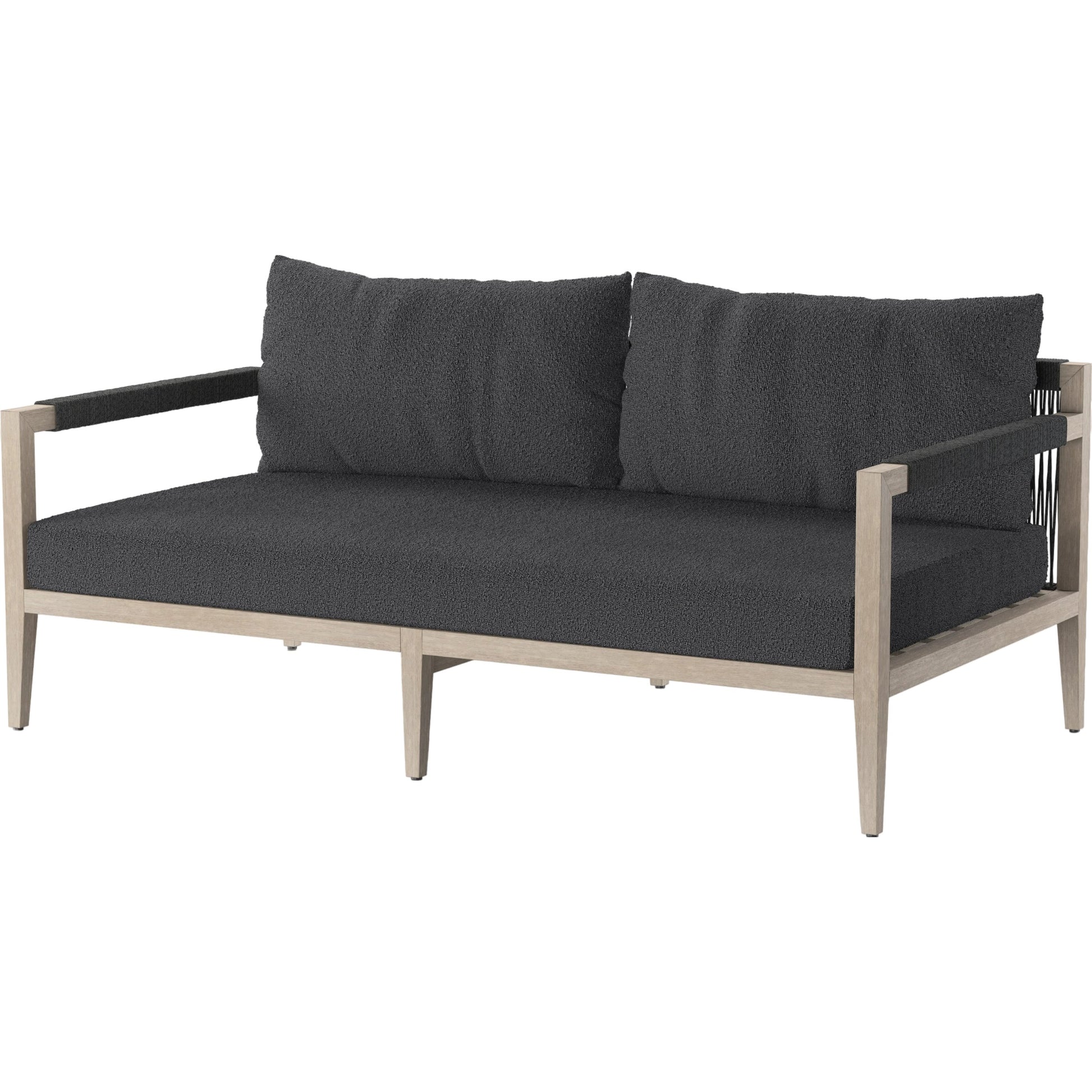 Sherwood Outdoor Sofa, Weathered Grey by Four Hands. Made from 100% olefin, solid fsc®-certified teak, 100% polypropylene in a coastal style.
