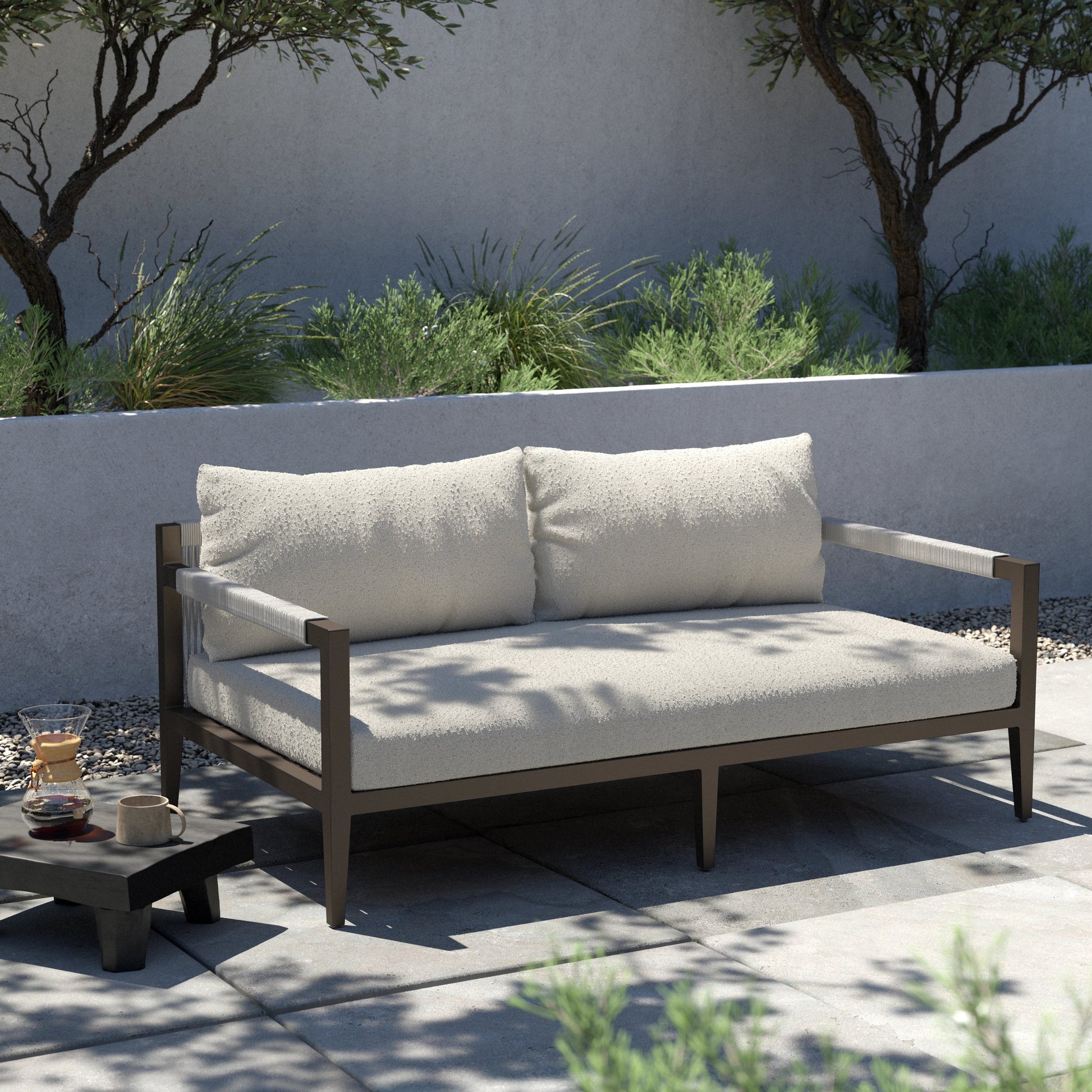 Sherwood Outdoor Sofa, Bronze by Four Hands. Made from 100% olefin, aluminum, 100% polypropylene in a modern style.