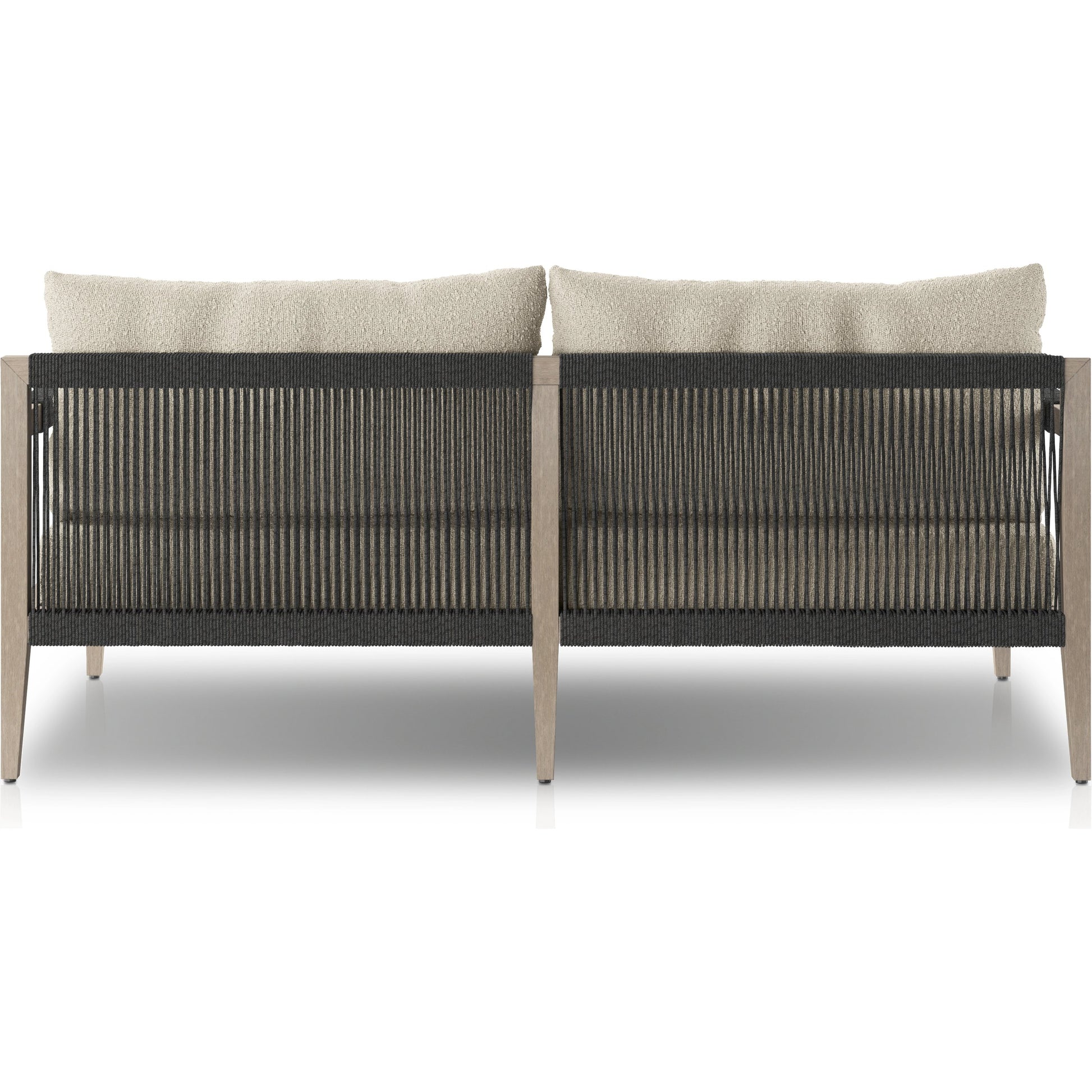 Sherwood Outdoor Sofa, Weathered Grey by Four Hands. Made from 100% olefin, solid fsc®-certified teak, 100% polypropylene in a coastal style.