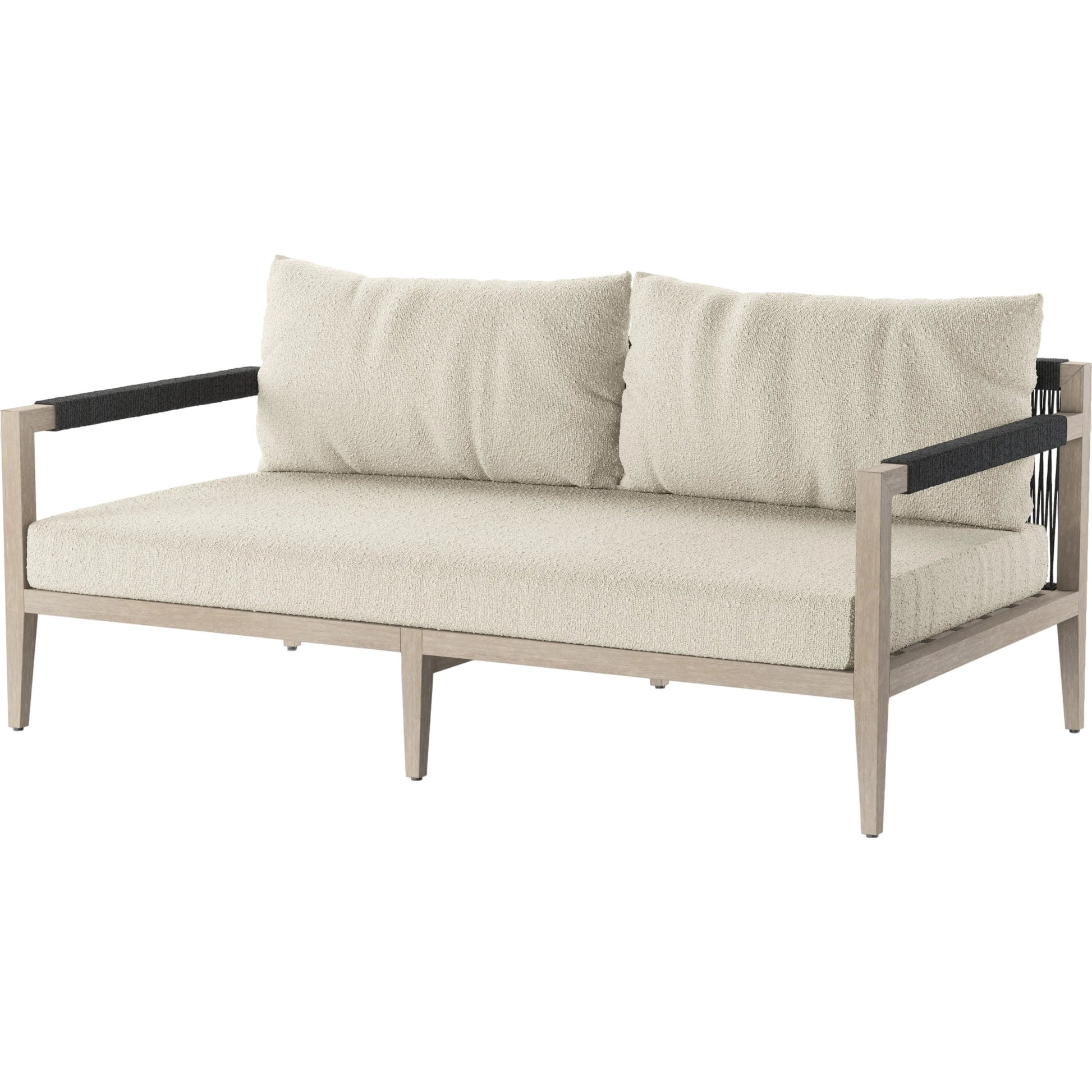 Sherwood Outdoor Sofa, Weathered Grey by Four Hands. Made from 100% olefin, solid fsc®-certified teak, 100% polypropylene in a coastal style.