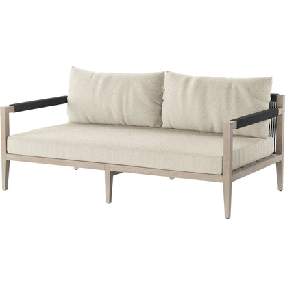 Sherwood Outdoor Sofa, Weathered Grey by Four Hands. Made from 100% olefin, solid fsc®-certified teak, 100% polypropylene in a coastal style.