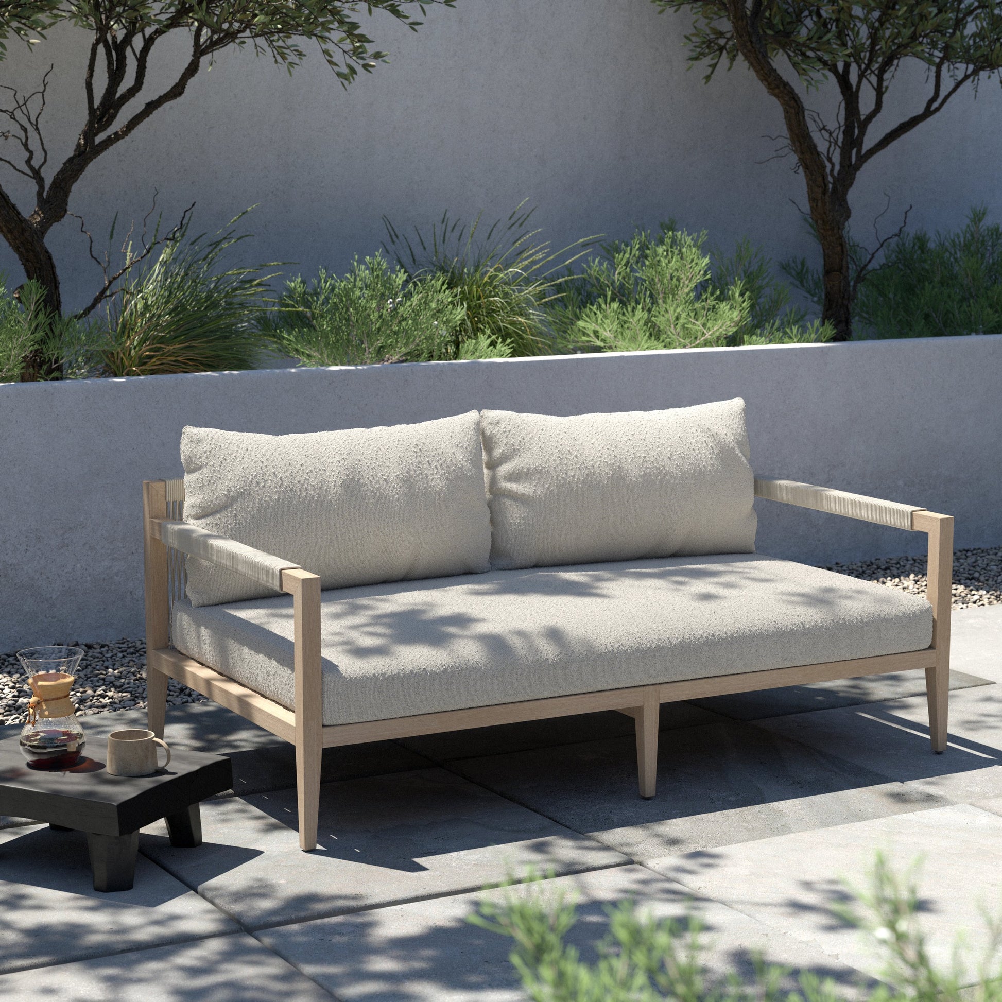 Sherwood Outdoor Sofa, Washed Brown by Four Hands. Made from 100% olefin, solid fsc®-certified teak, 100% polypropylene in a coastal style.