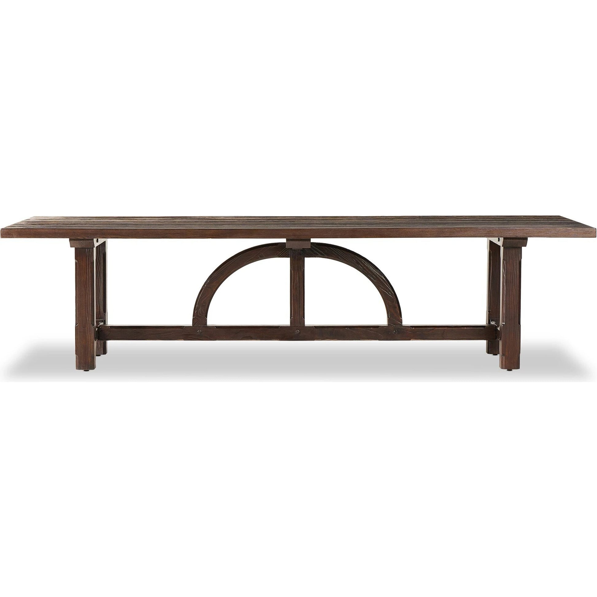The Arch Dining Table by Four Hands in medium brown fir. Made from thick pine veneer, solid pine, engineered hardwood in a modern style.