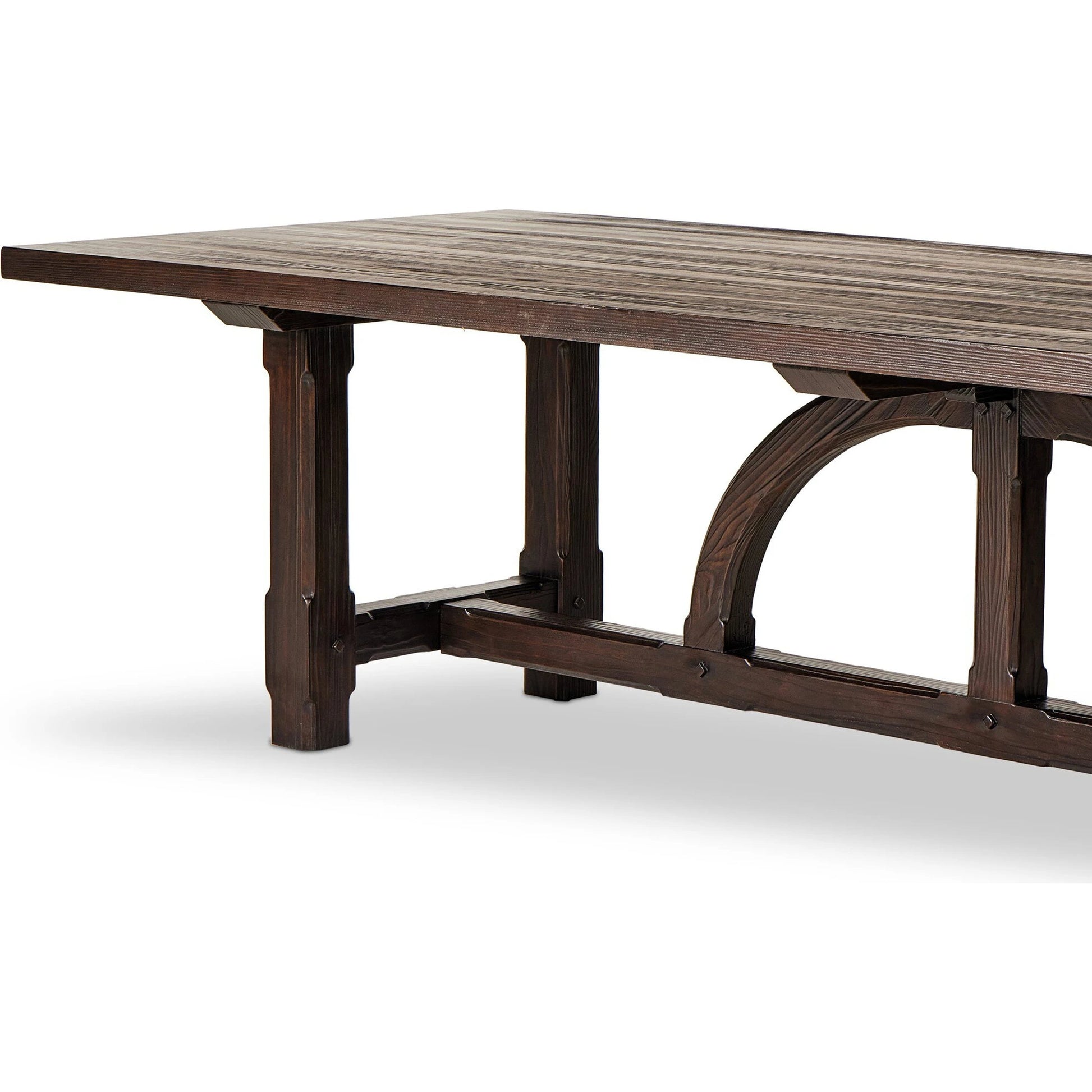 The Arch Dining Table by Four Hands in medium brown fir. Made from thick pine veneer, solid pine, engineered hardwood in a modern style.