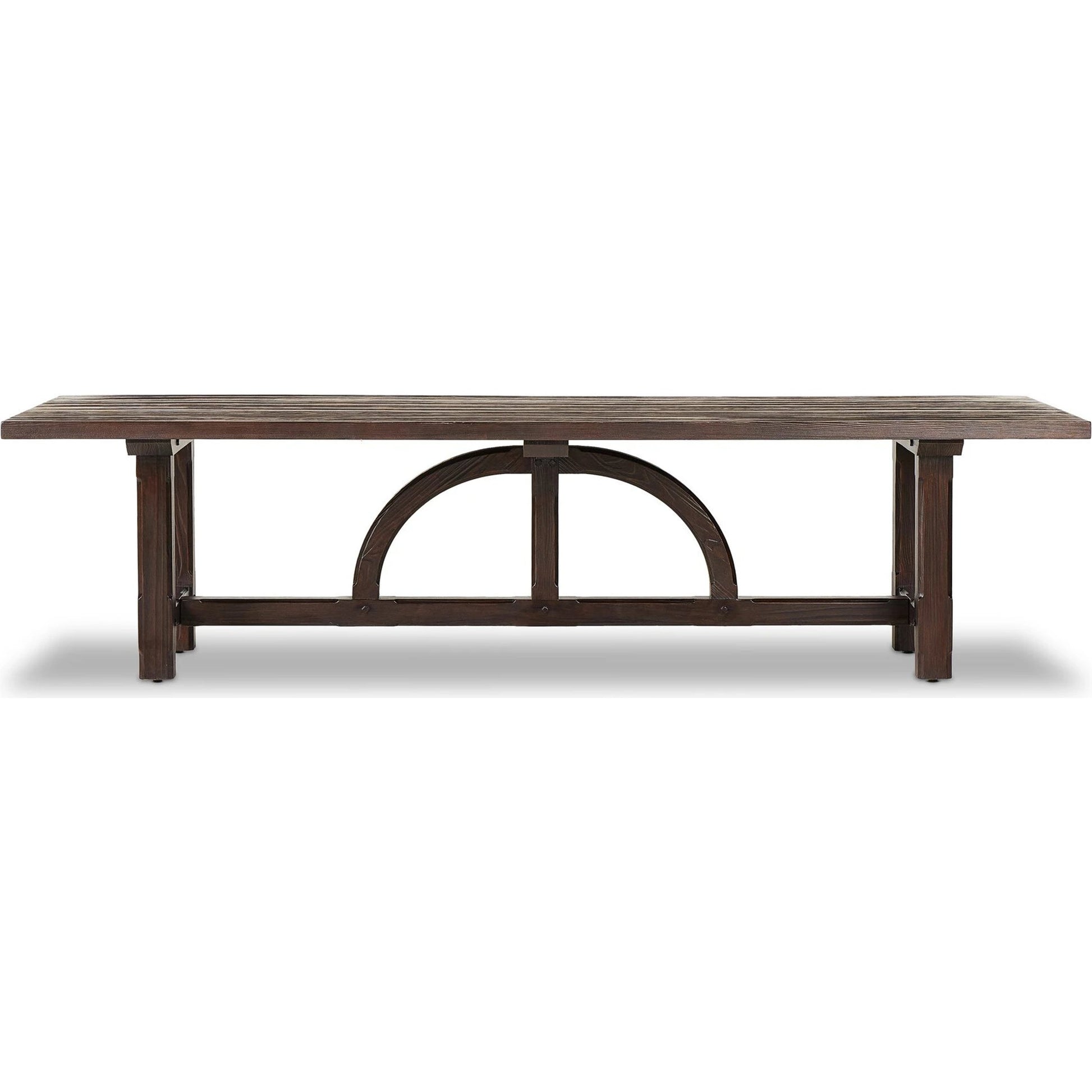 The Arch Dining Table by Four Hands in medium brown fir. Made from thick pine veneer, solid pine, engineered hardwood in a modern style.