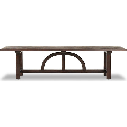The Arch Dining Table by Four Hands in medium brown fir. Made from thick pine veneer, solid pine, engineered hardwood in a modern style.