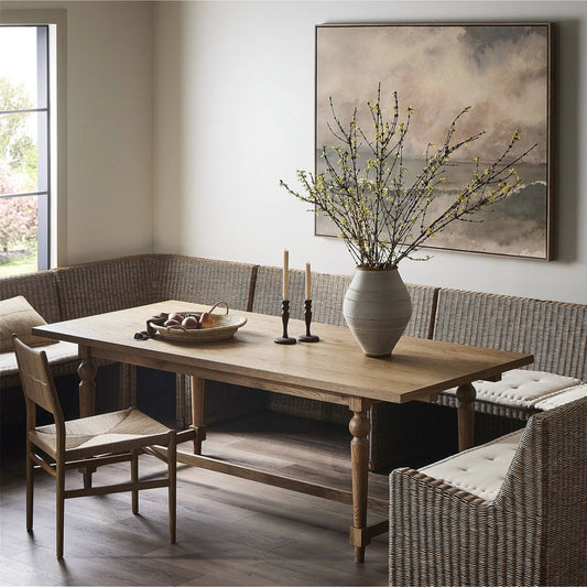 Blinn Extension Dining Table by Four Hands in worn oak veneer. Made from oak veneer, solid oak in a cottage & farmhouse style.
