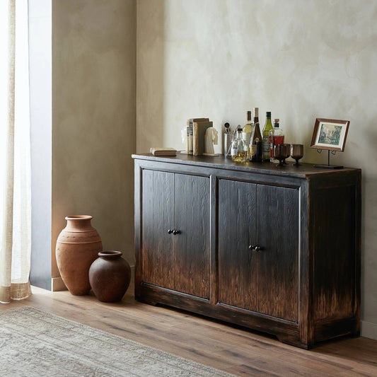 It Takes an Hour Sideboard by Four Hands in distressed black. Made from solid pine, pine veneer, zinc alloy in a modern style.