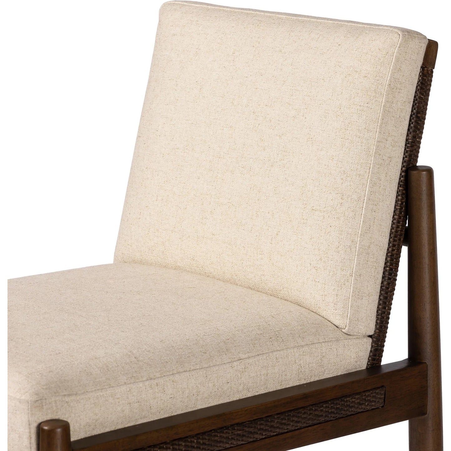 025 SI-2320030 | Closeup | Costera Bar Stool by Four Hands in antwerp natural, almond, vintage cross woven cane. Made from 39% linen, 35% cotton, 26% polyester, solid parawood, cane in a traditional style.