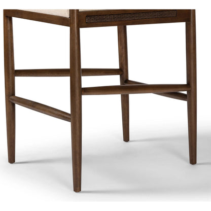 Costera Bar Stool by Four Hands in antwerp natural, almond, vintage cross woven cane. Made from 39% linen, 35% cotton, 26% polyester, solid parawood, cane in a traditional style.