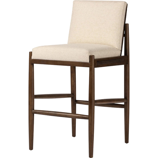 Costera Bar Stool by Four Hands in antwerp natural, almond, vintage cross woven cane. Made from 39% linen, 35% cotton, 26% polyester, solid parawood, cane in a traditional style.