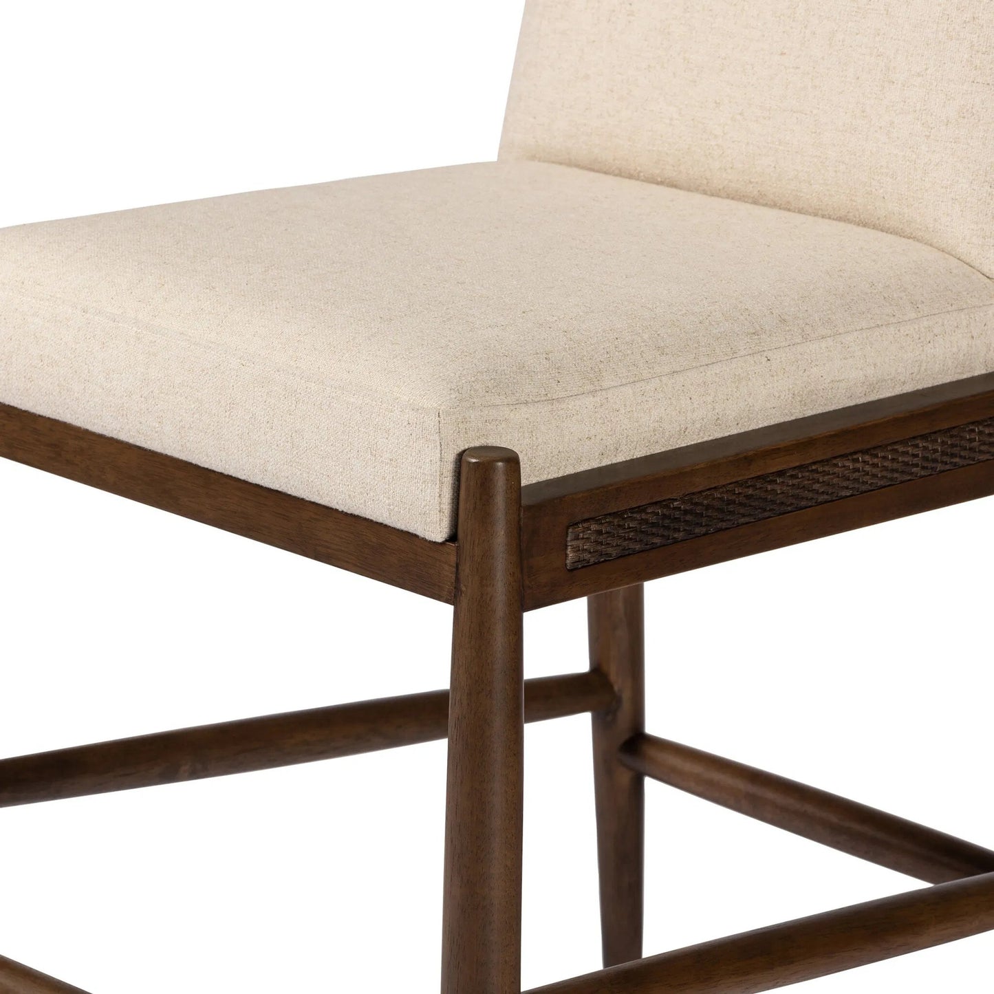 016 SI-2320031 | Closeup | Costera Counter Stool by Four Hands in antwerp natural, almond, vintage cross woven cane. Made from 39% linen, 35% cotton, 26% polyester, solid parawood, cane in a transitional style.