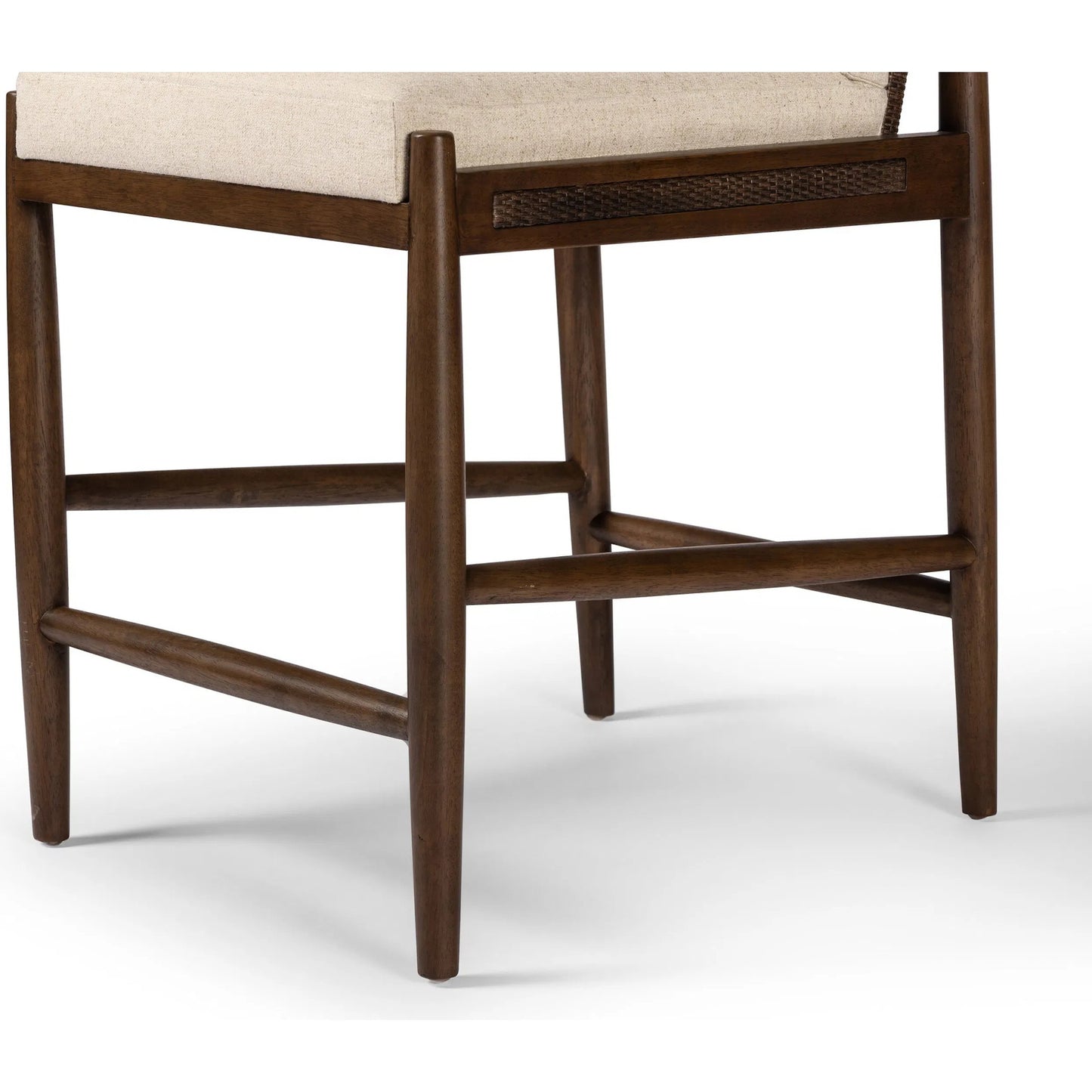 017 SI-2320031 | Closeup | Costera Counter Stool by Four Hands in antwerp natural, almond, vintage cross woven cane. Made from 39% linen, 35% cotton, 26% polyester, solid parawood, cane in a transitional style.