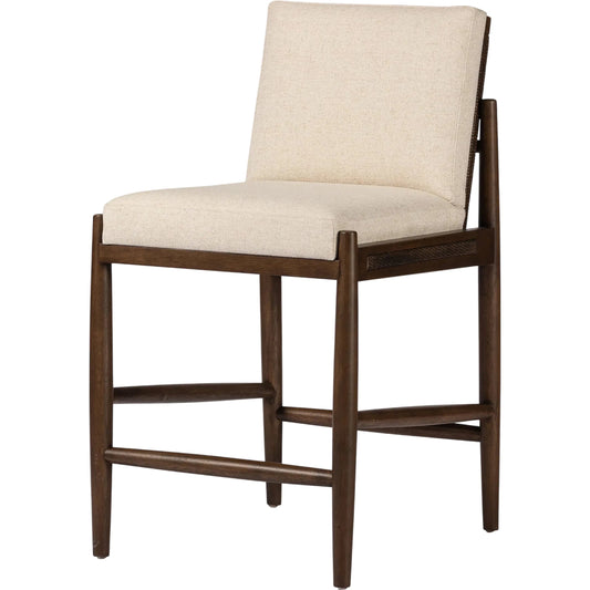 Costera Counter Stool by Four Hands in antwerp natural, almond, vintage cross woven cane. Made from 39% linen, 35% cotton, 26% polyester, solid parawood, cane in a unique style.