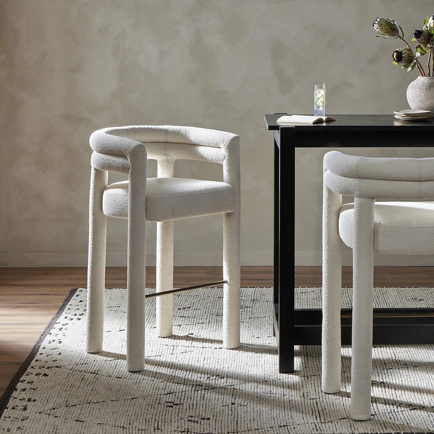 028 SI-2137614 | Lifestyle | Tacova Bar Stool by Four Hands in florence cream, antique brass. Made from 100% polyester, iron in a modern style.
