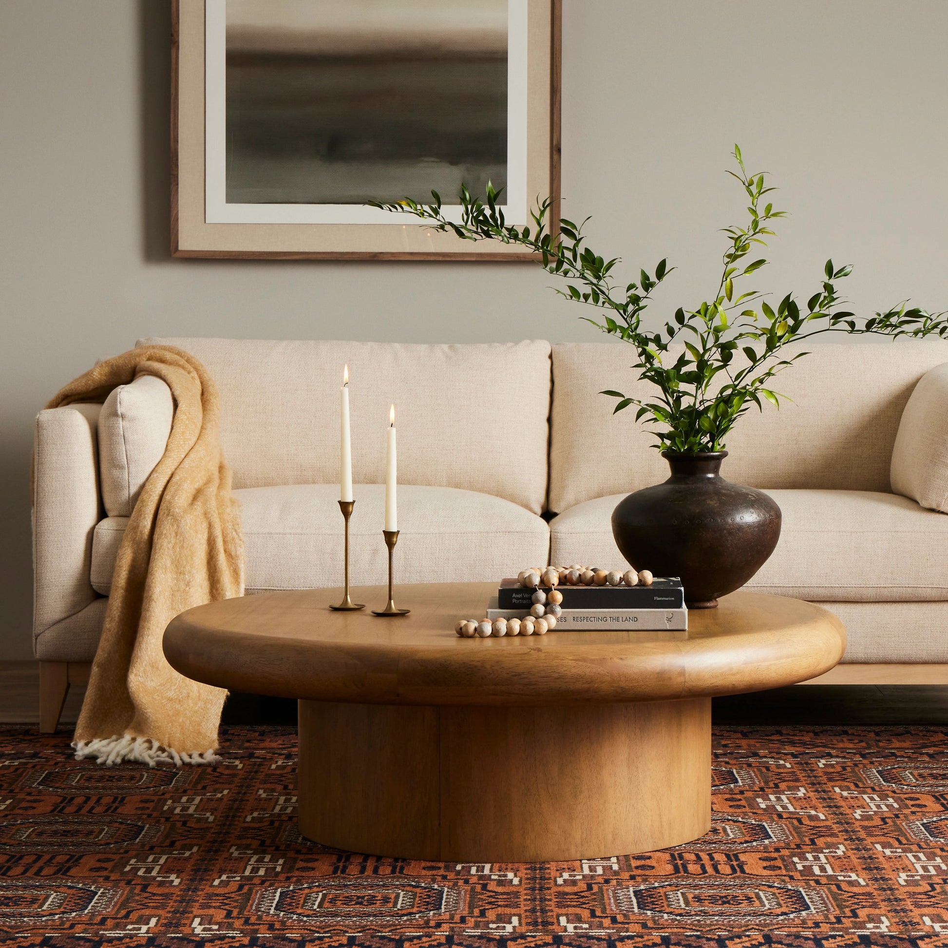 Zach Large Coffee Table by Four Hands in burnished parawood. Made from rubberwood veneer, solid parawood in a modern style.