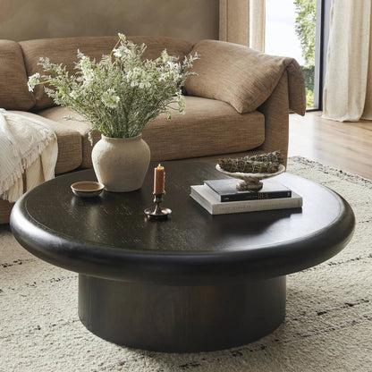 Zach Large Coffee Table by Four Hands in burnished parawood. Made from rubberwood veneer, solid parawood in a modern style.