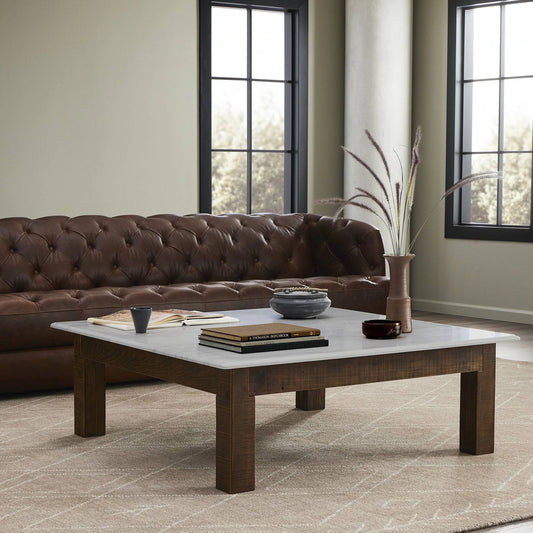 Jessa Coffee Table by Four Hands in honed white marble, waxed bleached reclaimed pine. Made from solid marble, solid reclaimed pine, poplar plywood in a modern style.