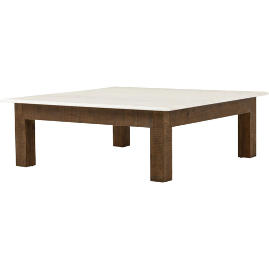 Jessa Coffee Table by Four Hands in honed white marble, waxed bleached reclaimed pine. Made from solid marble, solid reclaimed pine, poplar plywood in a modern style.