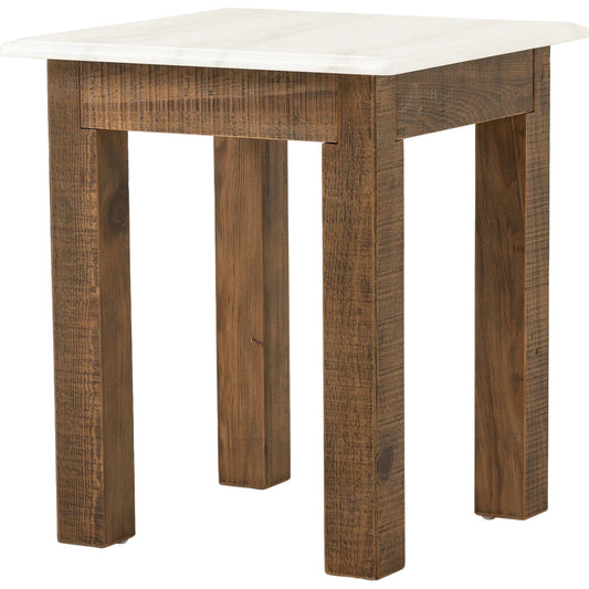 Jessa End Table by Four Hands in honed white marble, waxed bleached reclaimed pine. Made from solid marble, solid reclaimed pine, poplar plywood in a modern style.