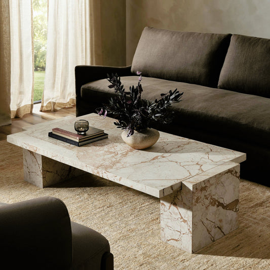 Romano Coffee Table by Four Hands in desert taupe marble. Made from solid marble, engineered hardwood in a modern style.