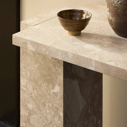 Romano Console Table by Four Hands in desert taupe marble. Made from solid marble in a modern style.