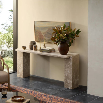 Romano Console Table by Four Hands in desert taupe marble. Made from solid marble in a modern style.