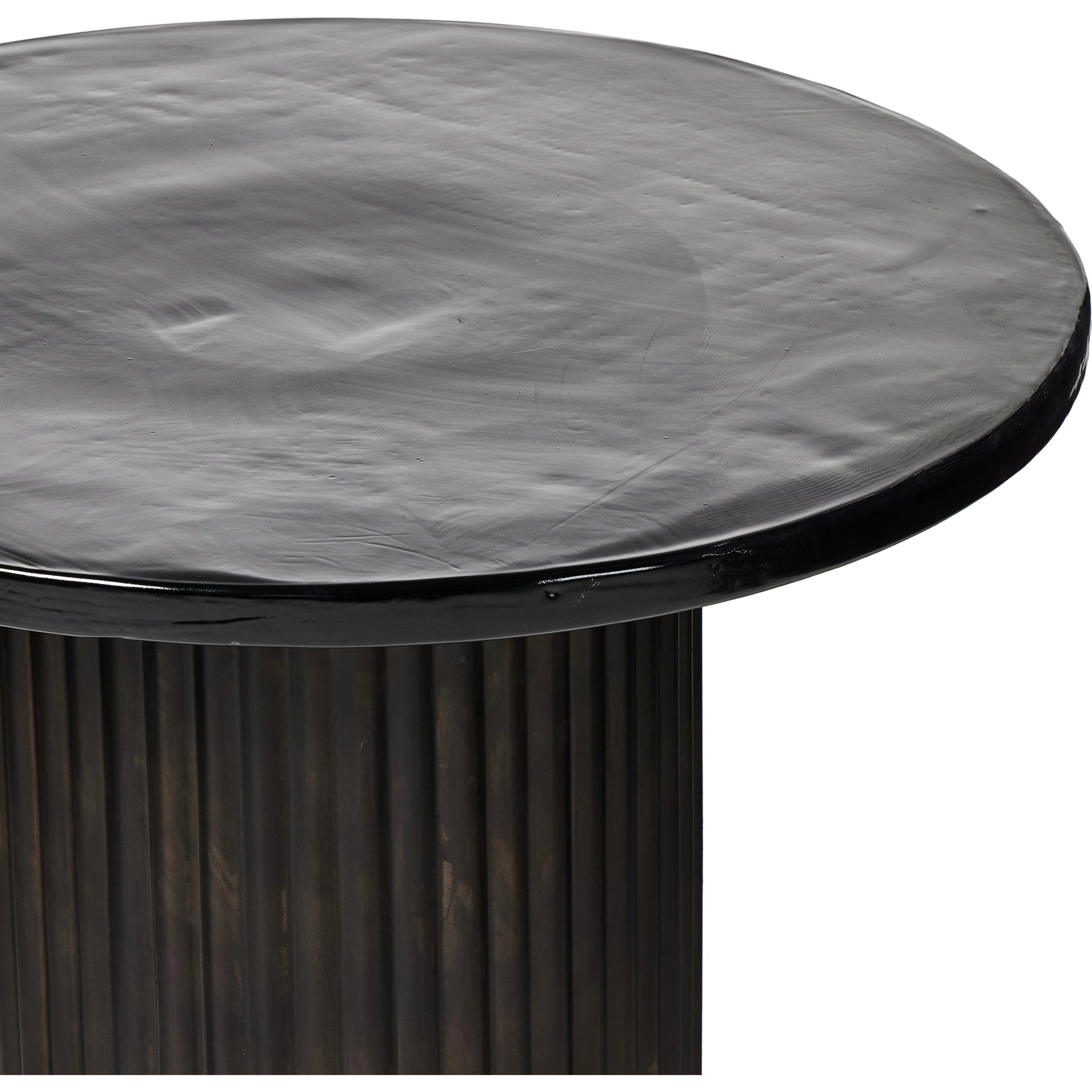 Ruben End Table by Four Hands in rustic brown, smoked black cast glass. Made from cast glass, iron in a modern style.