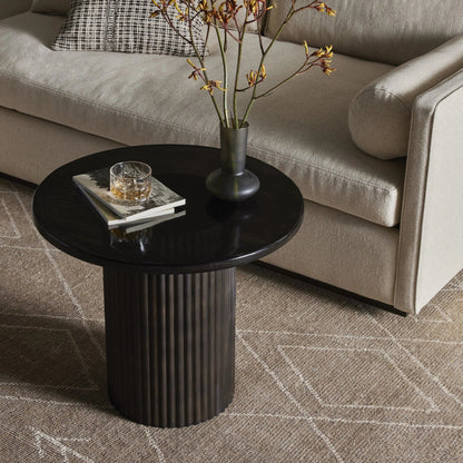 Ruben End Table by Four Hands in rustic brown, smoked black cast glass. Made from cast glass, iron in a modern style.