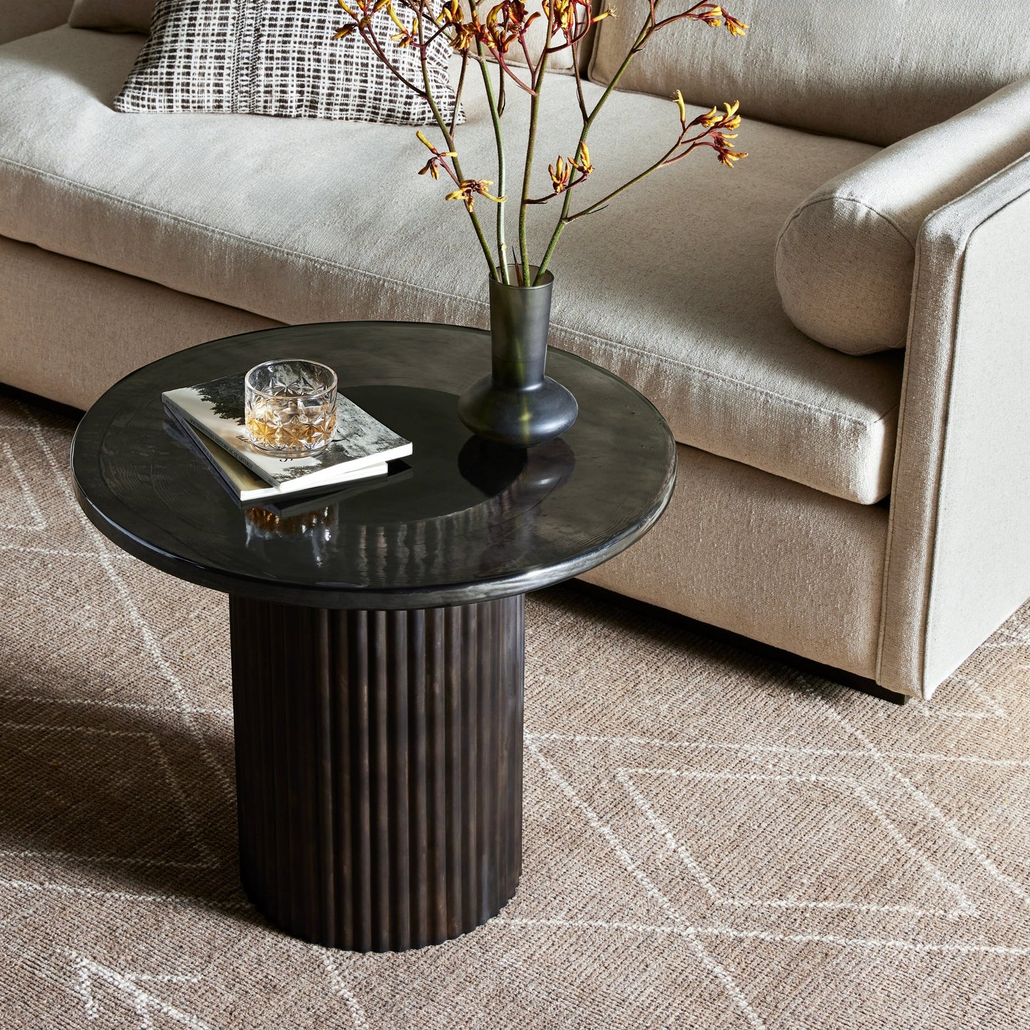 009 SI-2074654 | Lifestyle | Ruben End Table by Four Hands in rustic brown, smoked black cast glass. Made from cast glass, iron in a modern style.