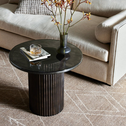 Ruben End Table by Four Hands in rustic brown, smoked black cast glass. Made from cast glass, iron in a modern style.
