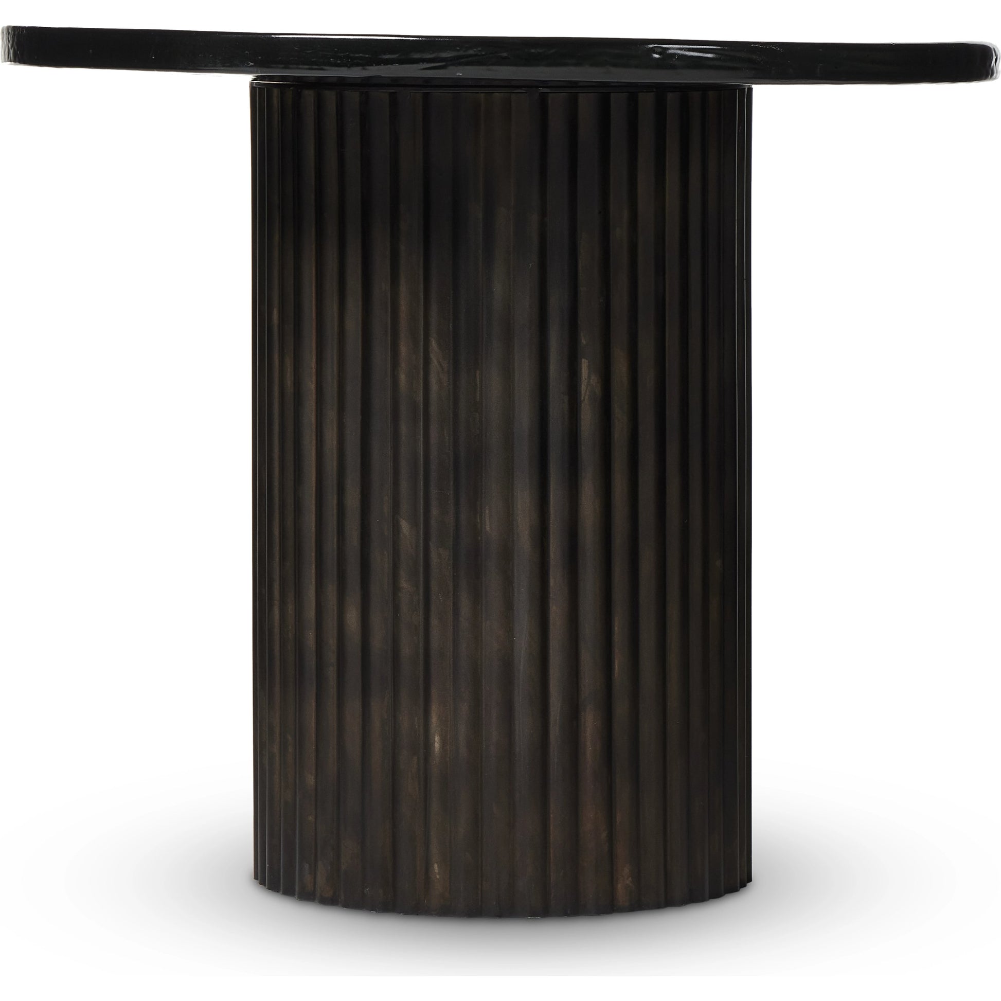 Ruben End Table by Four Hands in rustic brown, smoked black cast glass. Made from cast glass, iron in a modern style.