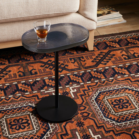 Vinia End Table by Four Hands in light blue cast glass, iron matte black. Made from iron, cast glass in a modern style.