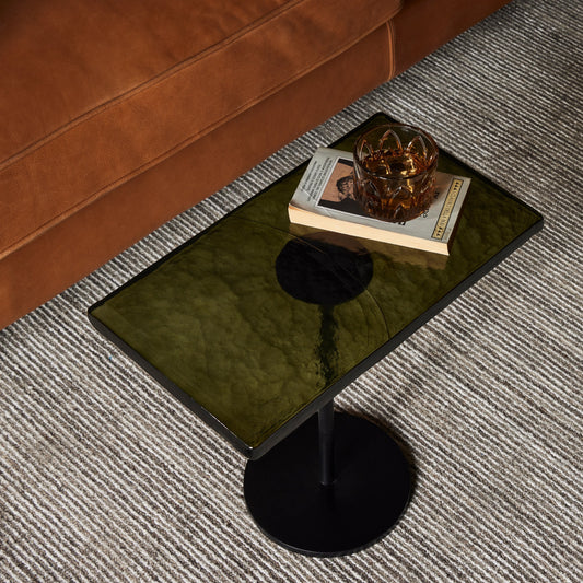 Zevon End Table by Four Hands in moss cast glass. Made from cast glass, iron in a modern style.