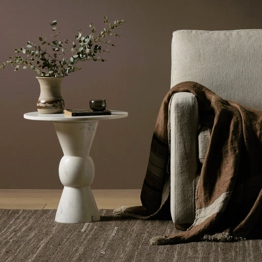Fox End Table by Four Hands in polished white marble. Made from solid marble, engineered hardwood in a modern style.