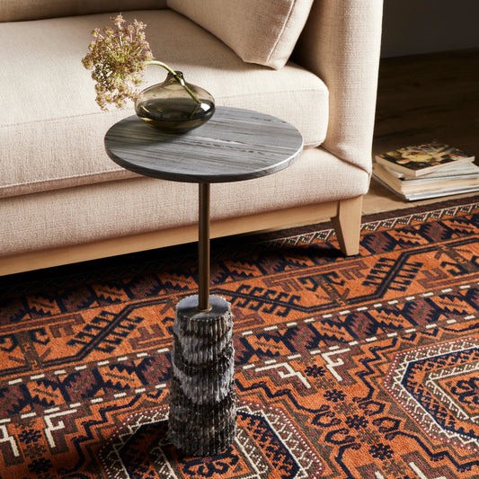 Raven End Table by Four Hands in ribbed ebony marble, antique brass. Made from solid marble, iron in a modern style.