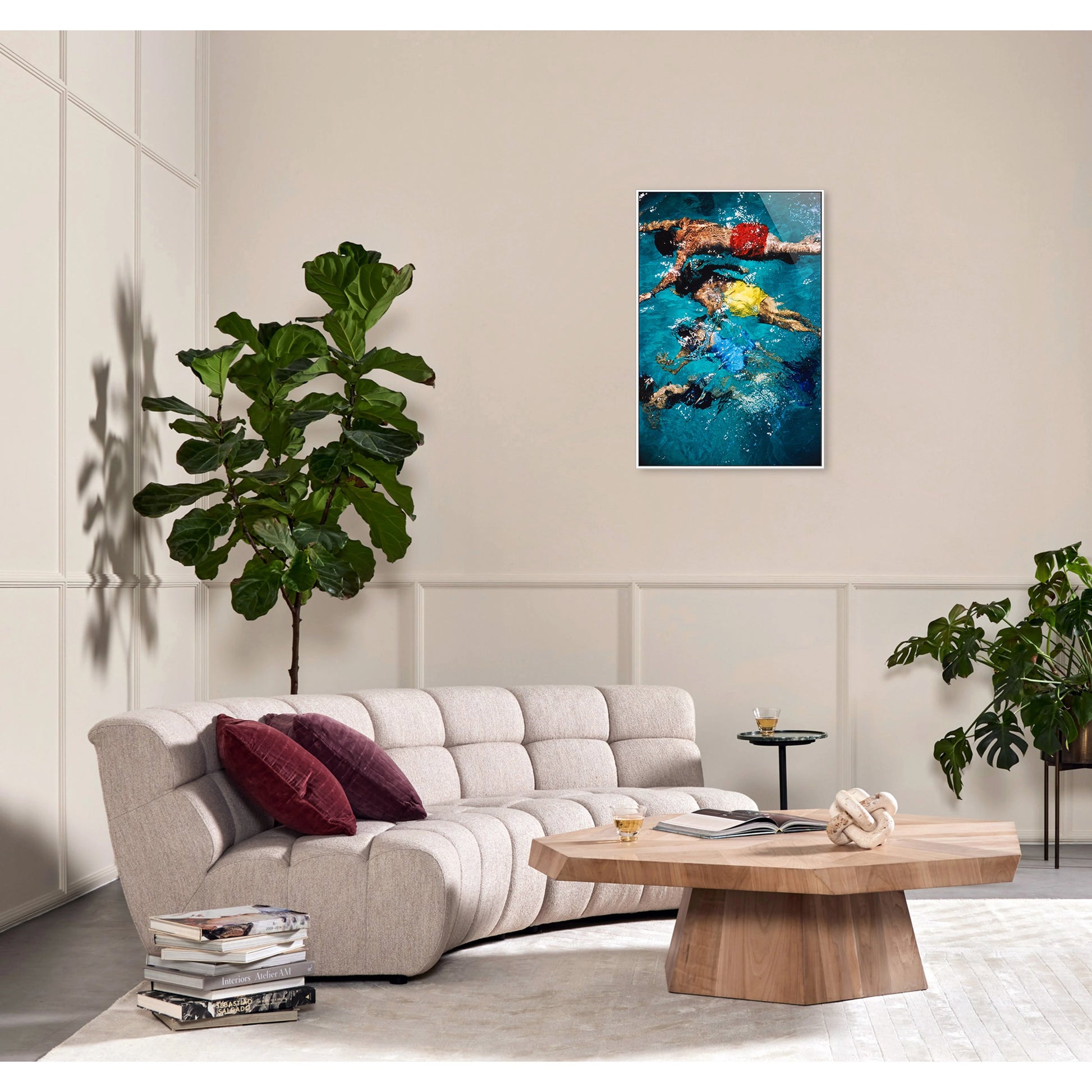 Swimming in the Bahamas by Slim Aarons by Four Hands in white maple floater, gloss white chromaluxe. Made from white maple, gloss white chromaluxe in a coastal style.