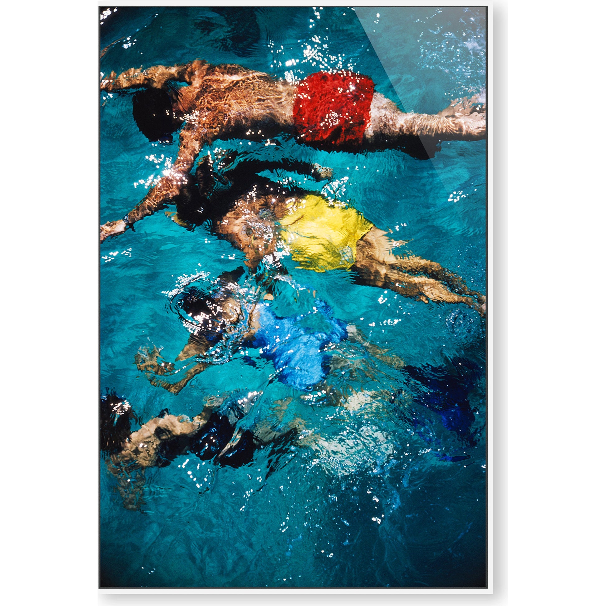 Swimming in the Bahamas by Slim Aarons by Four Hands in white maple floater, gloss white chromaluxe. Made from white maple, gloss white chromaluxe in a coastal style.