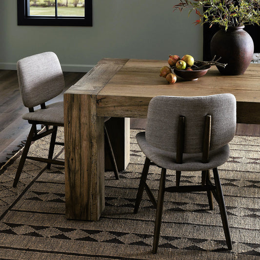 Montague Dining Chair by Four Hands in alcala fawn, matte brown and alcala fawn. Made from 70% polyester, 20% viscose (rayon), 10% flax/linen, solid oak, 100% polyester in a modern style.