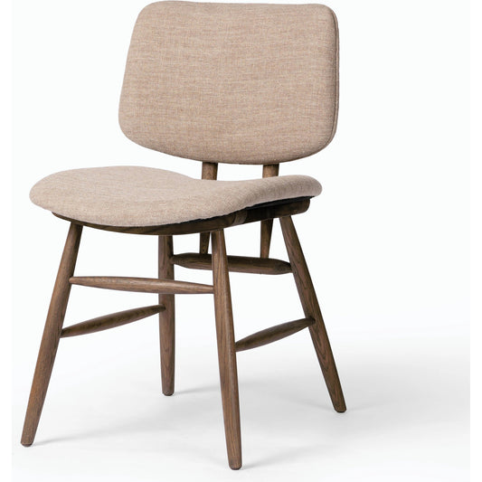 Montague Dining Chair by Four Hands in alcala fawn, matte brown and alcala fawn. Made from 70% polyester, 20% viscose (rayon), 10% flax/linen, solid oak, 100% polyester in a modern style.
