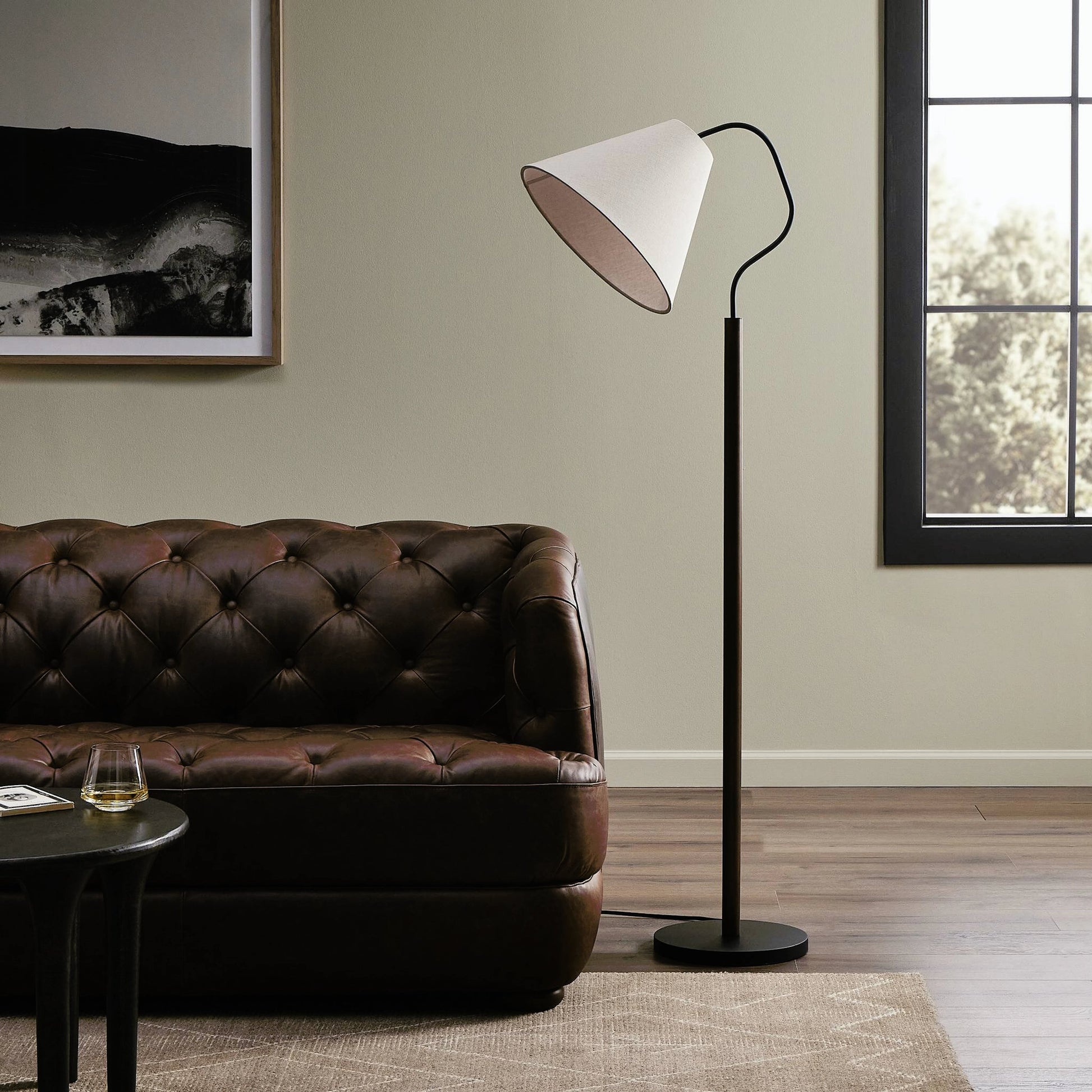Garner Floor Lamp by Four Hands in powder coated black, brown beech. Made from 100% flax, linen, iron, solid beech in a modern style.