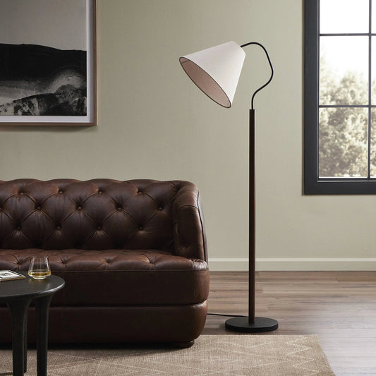 Garner Floor Lamp by Four Hands in powder coated black, brown beech. Made from 100% flax, linen, iron, solid beech in a modern style.