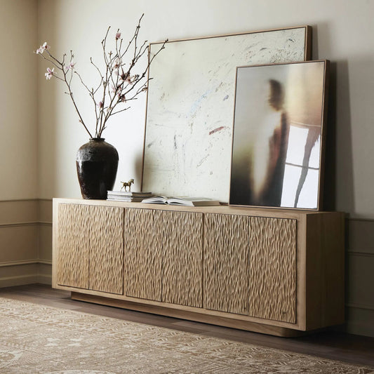 Bahari Sideboard by Four Hands in light warm maple veneer. Made from light maple veneer in a transitional style.