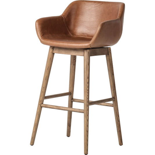 Hannah Swivel Bar Stool by Four Hands. Made from top grain leather, solid ash in a traditional style.