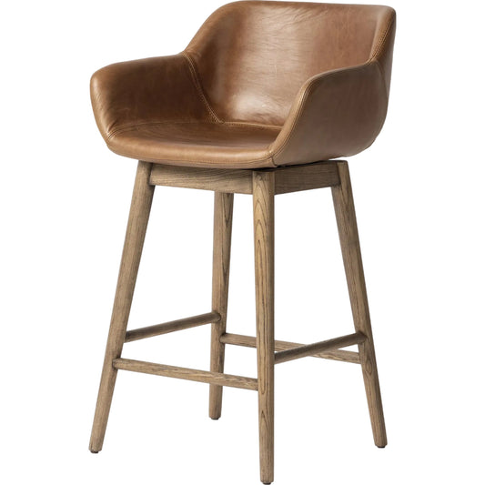 Hannah Swivel Counter Stool by Four Hands. Made from top grain leather, solid ash in a traditional style.