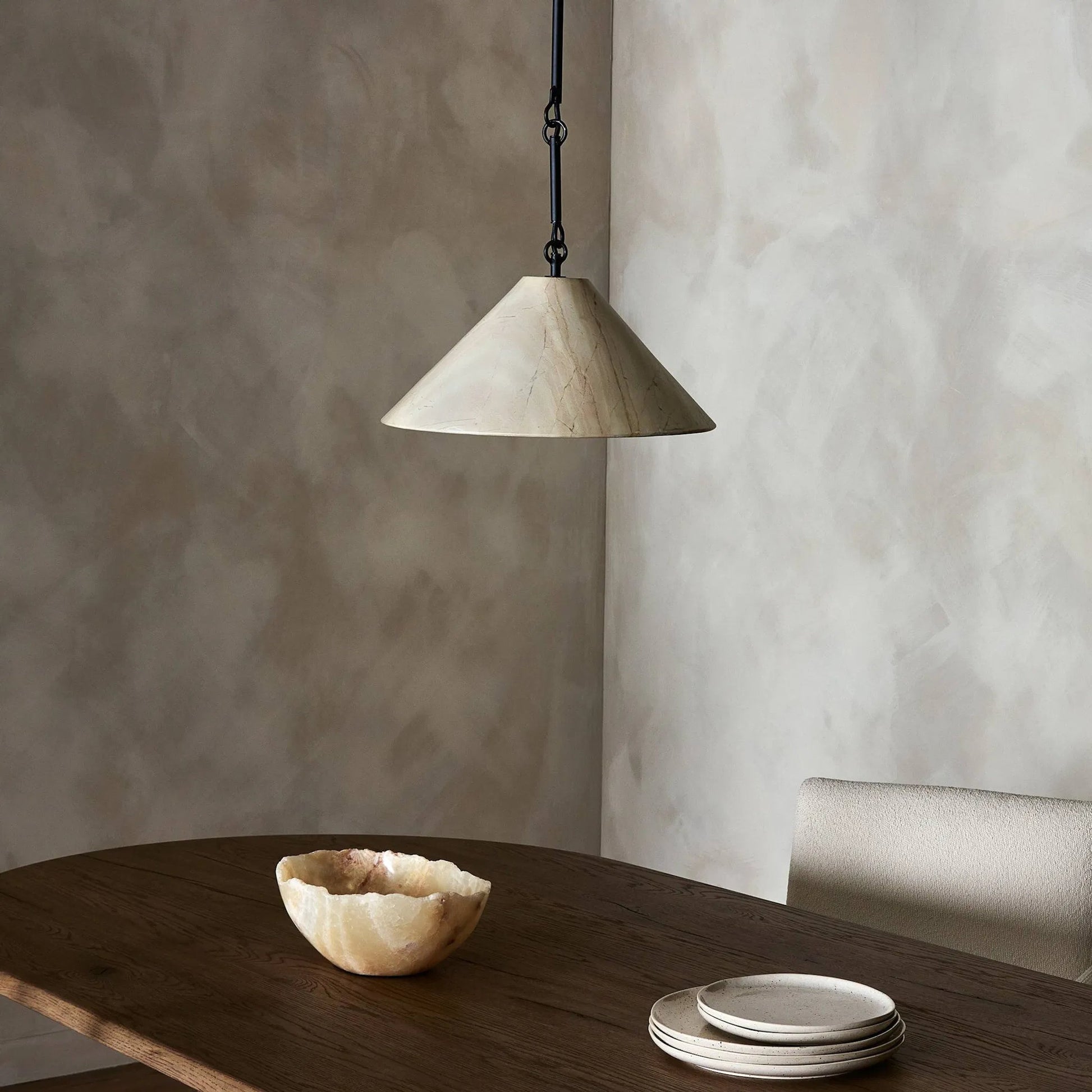 Concetta Pendant by Four Hands in ecru marble solid, matte black. Made from solid marble, iron in a transitional style.