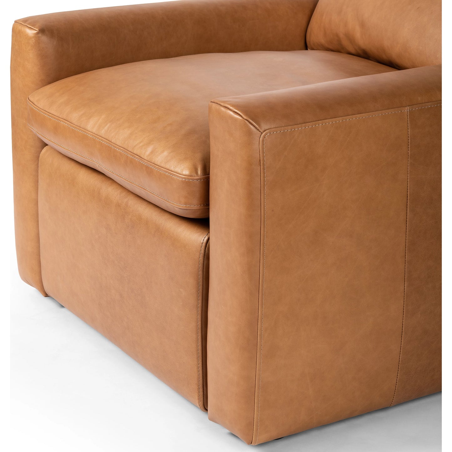 027 SI-2074792 | Closeup | Tillery Power Recliner by Four Hands in sonoma butterscotch. Made from top grain leather, 100% polyester fiber, eucalyptus plywood in a modern style.